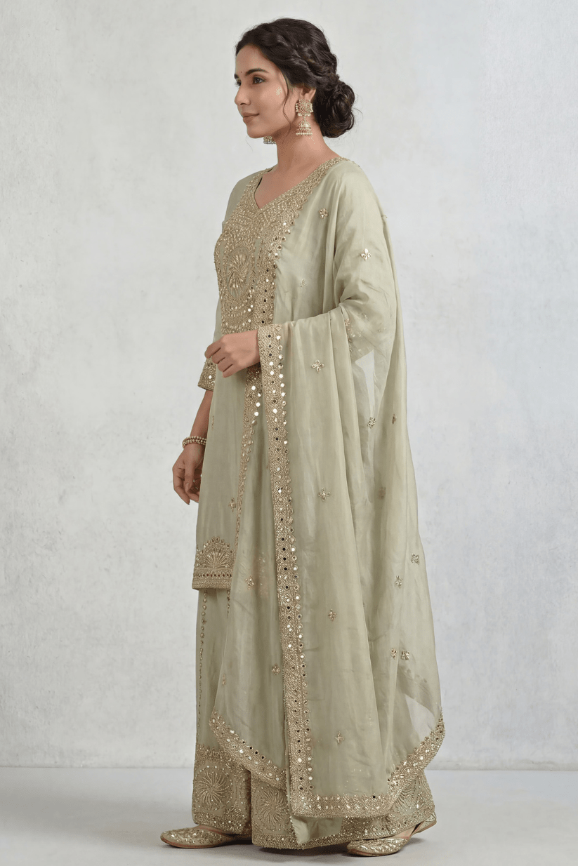 Sage Green Mirror Embroidered Kurta Sharara Set with Dupatta for Women - The House of Indu