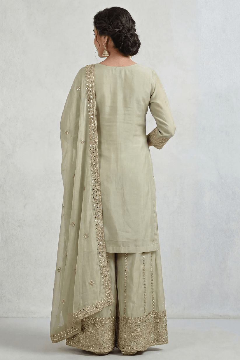 Sage Green Mirror Embroidered Kurta Sharara Set with Dupatta for Women - The House of Indu