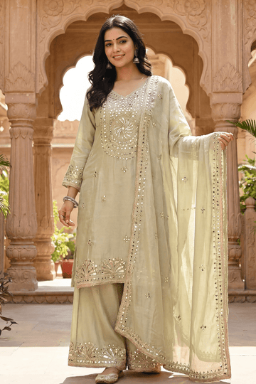 Sage Green Mirror Embroidered Kurta Sharara Set with Dupatta for Women - The House of Indu