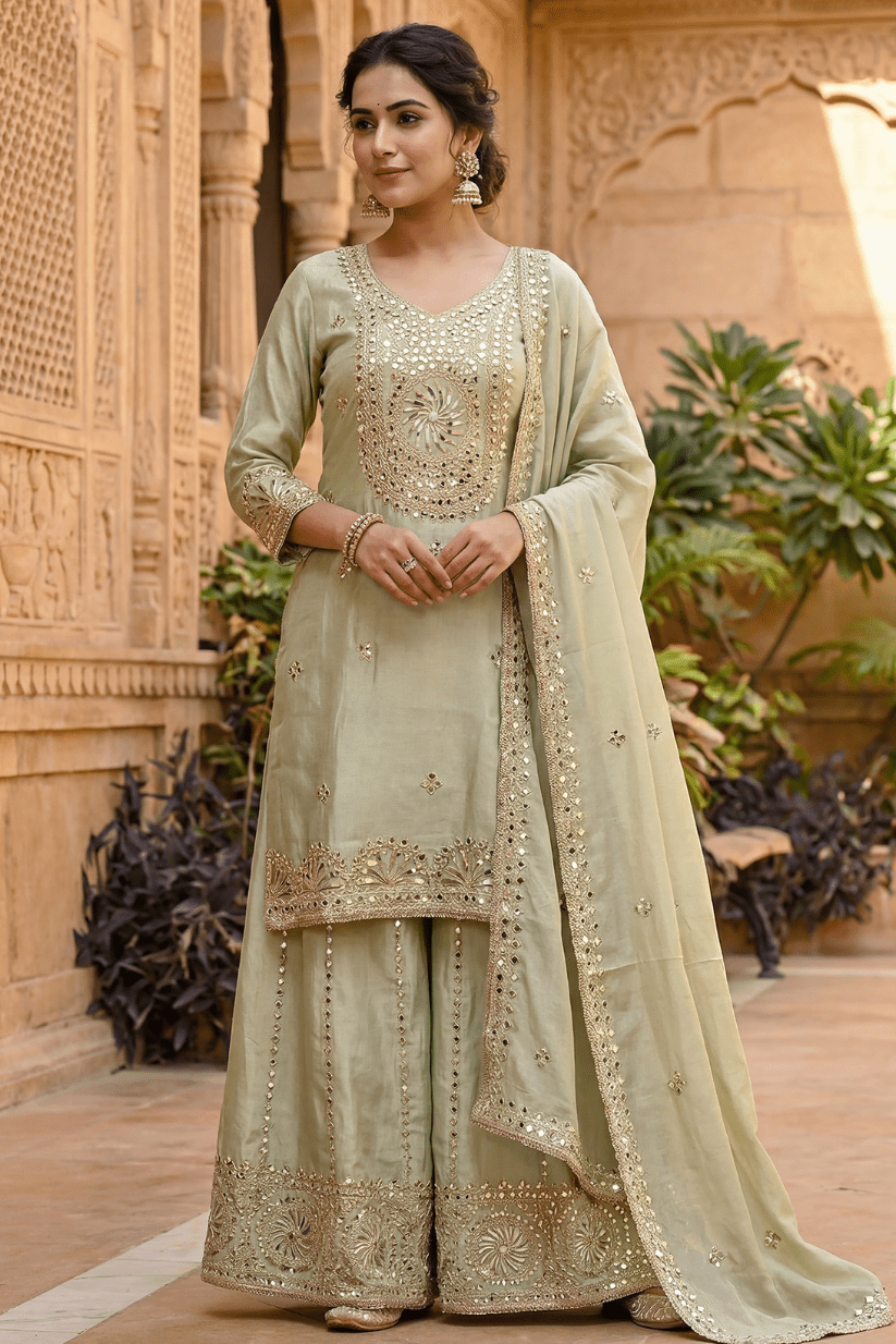 Sage Green Mirror Embroidered Kurta Sharara Set with Dupatta for Women - The House of Indu