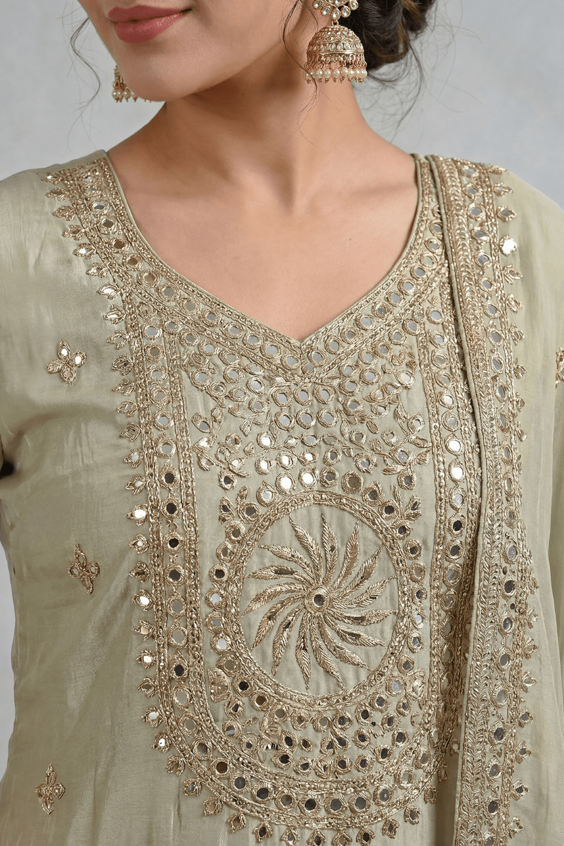 Sage Green Mirror Embroidered Kurta Sharara Set with Dupatta for Women - The House of Indu
