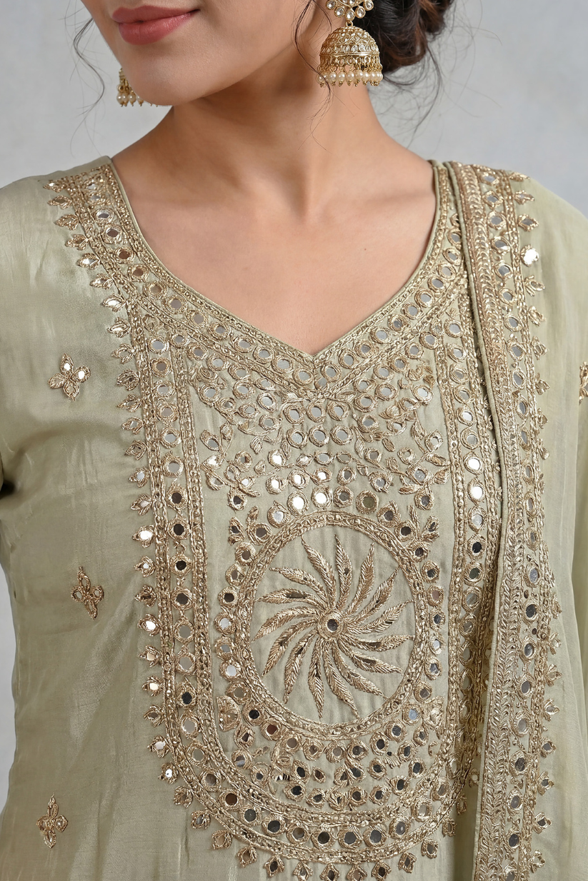 Women sage green mirror embroidered kurta sharara set with dupatta front view