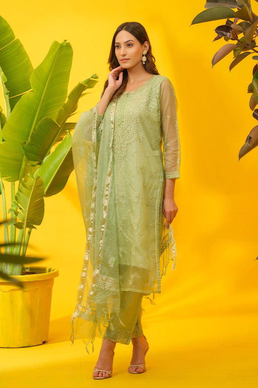 Sage Green Organza Embroidered 4-Piece Suit Set with Inner, Pants & Dupatta for Women