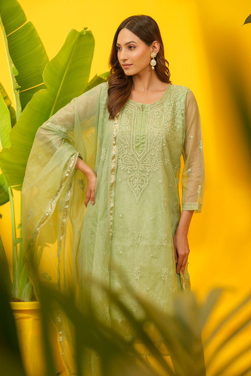 Sage Green Organza Embroidered 4-Piece Suit Set with Inner, Pants & Dupatta for Women