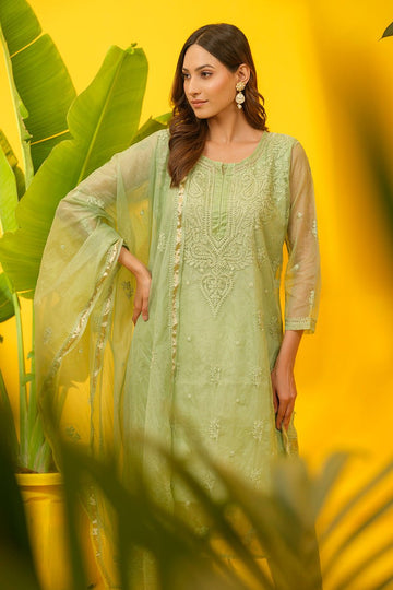 Sage Green Organza Embroidered 4-Piece Suit Set with Inner, Pants & Dupatta for Women