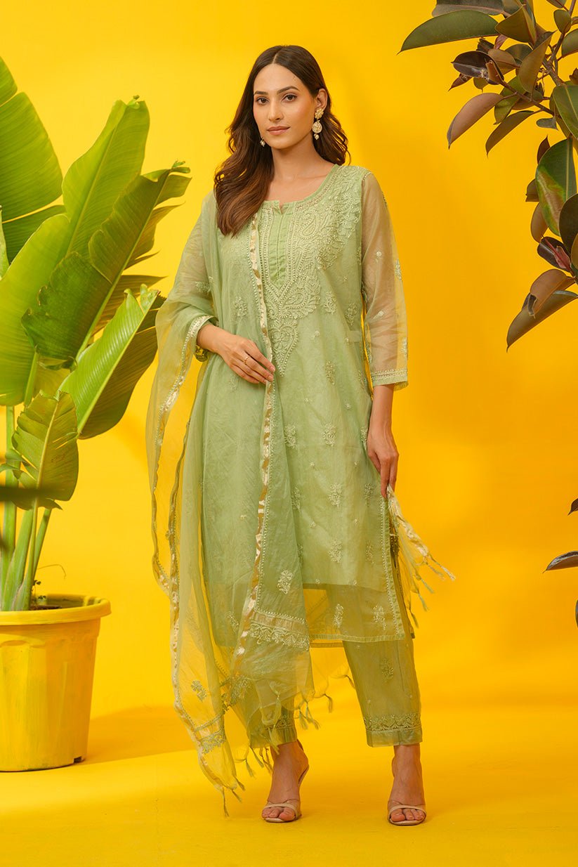 Sage Green Organza 4-Piece Suit Set with Embroidered Kurta and Matching Dupatta