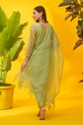 Back View of Sage Green Organza Embroidered 4-Piece Suit Set with Dupatta