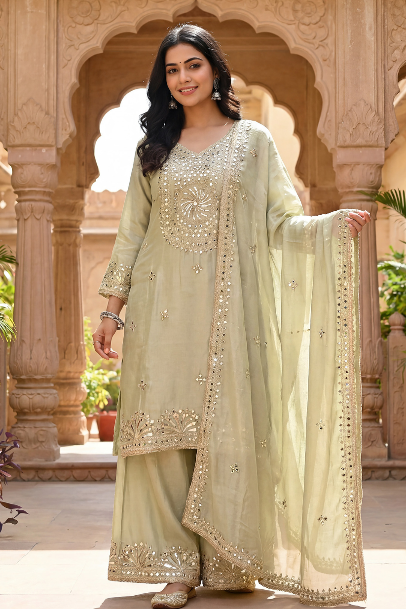 Women sage green mirror embroidered kurta sharara set with dupatta front view
