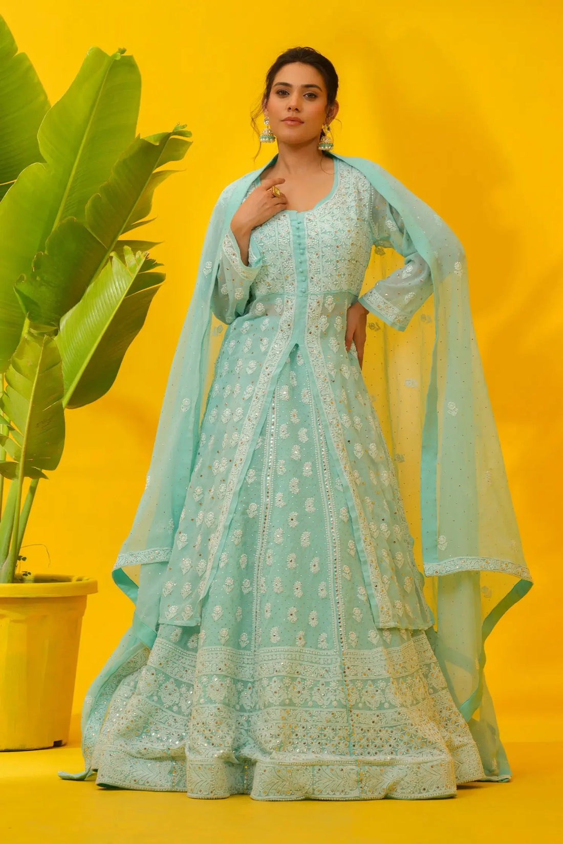 Sea blue georgette chikankari lehenga set with dupatta front view