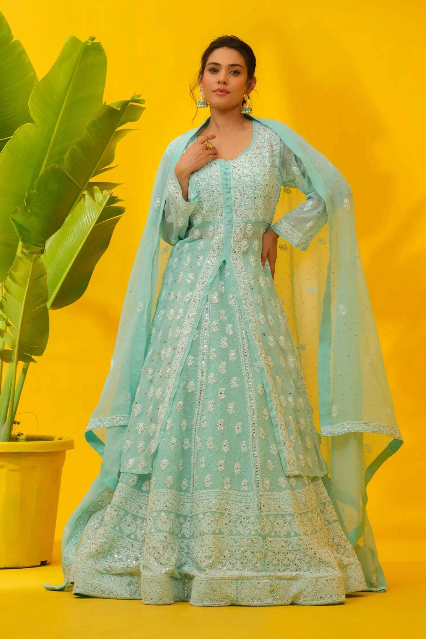 Sea blue georgette chikankari lehenga set with dupatta front view
