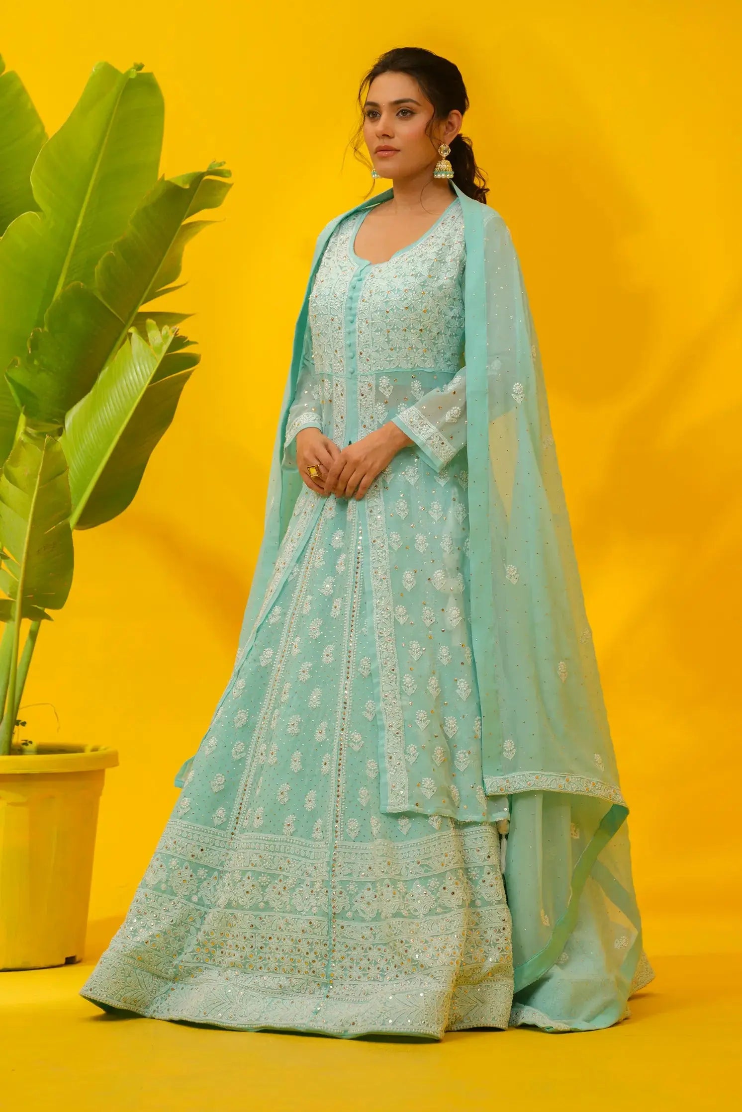 Full look of sea blue chikankari lehenga set for women