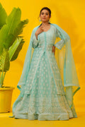 Sea Blue Georgette Chikankari Lehenga Set with Dupatta - The House of Indu