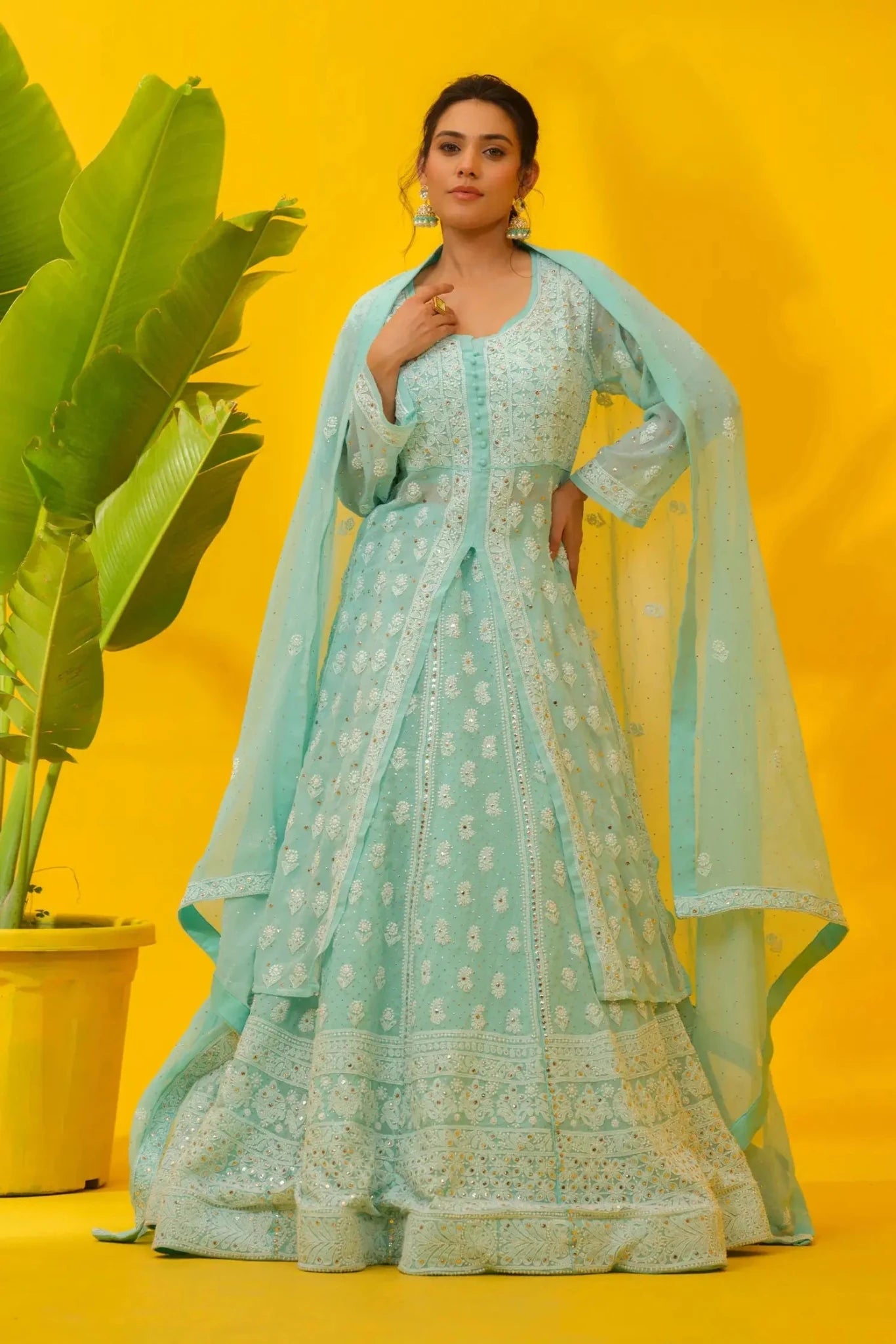 Sea Blue Georgette Chikankari Lehenga Set with Dupatta - The House of Indu