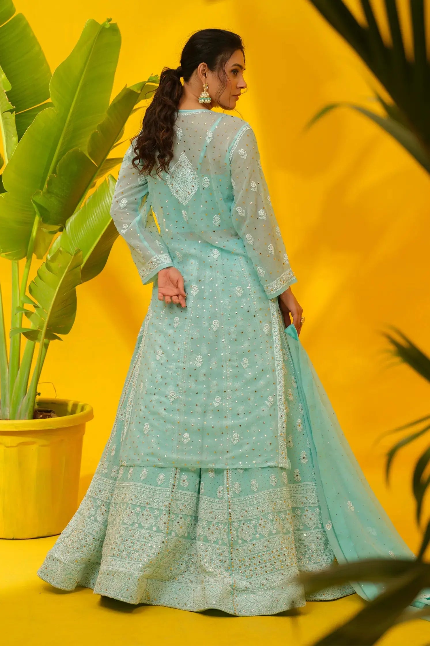 Back view of sea blue georgette lehenga with dupatta