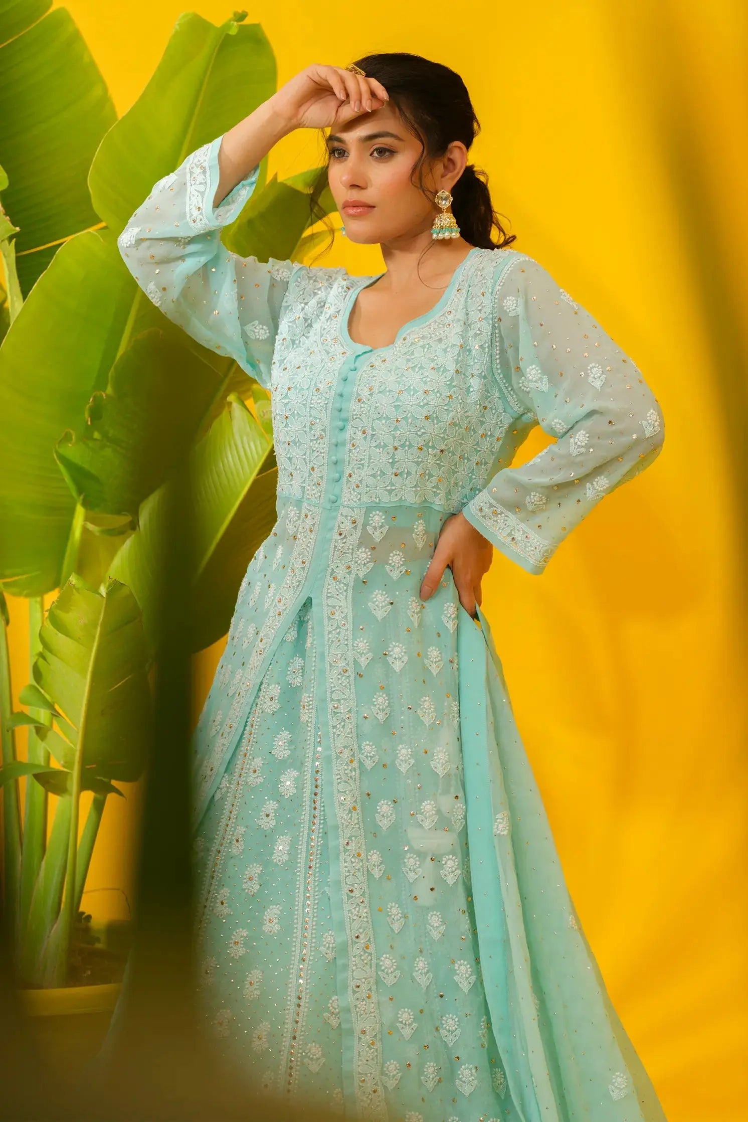 Sea blue party wear ethnic lehenga with mukaish work