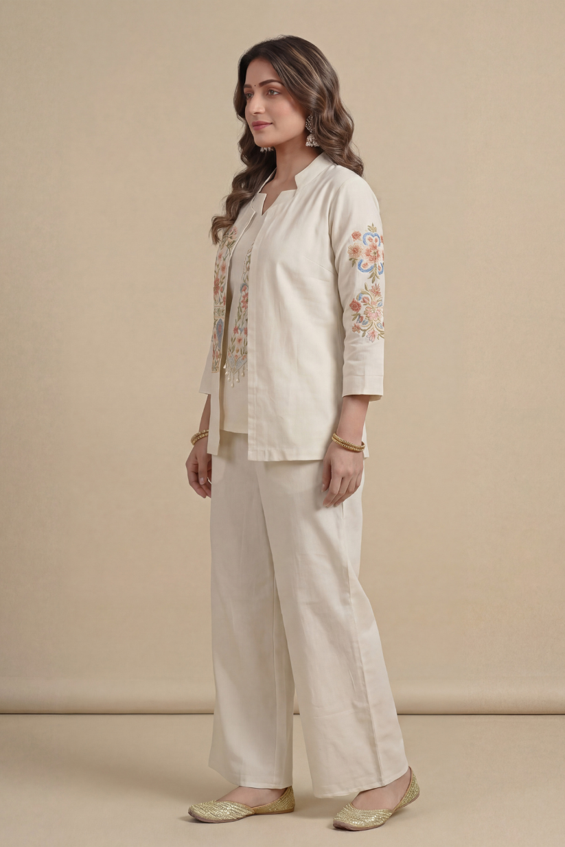 Side view of woman wearing ivory embroidered kurta set with jacket and palazzo pants