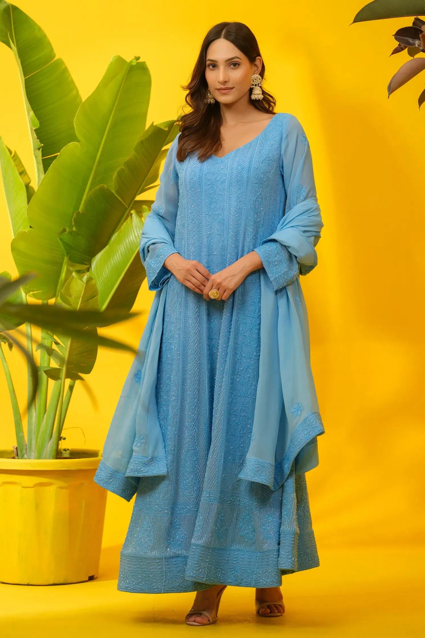 Front look of sky blue georgette Anarkali suit for women