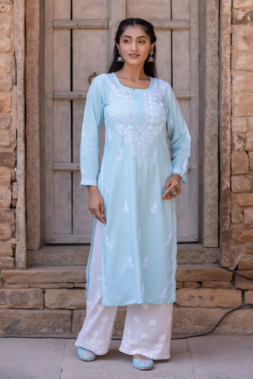 Sky blue Chikankari rayon straight kurti for women front view