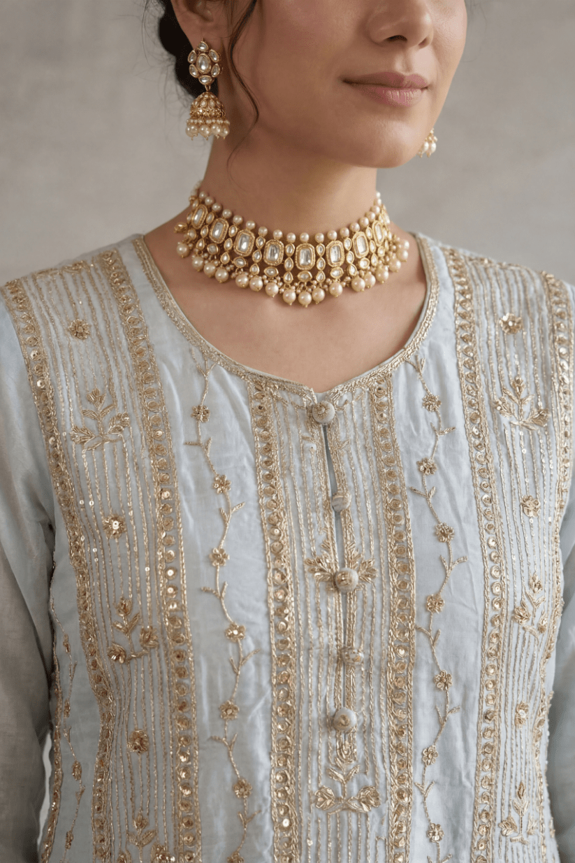 Sky Blue Embroidered Kurta Sharara Set with Dupatta for Women - The House of Indu