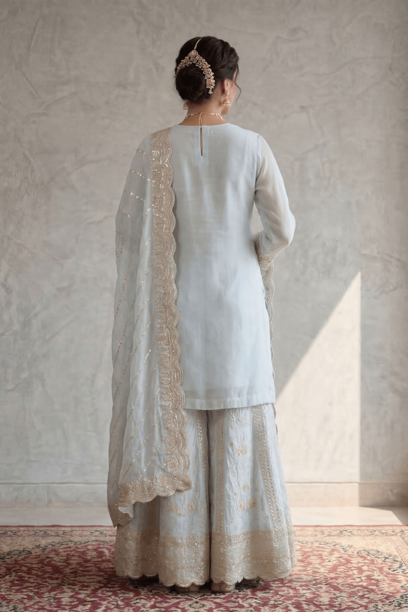 Sky Blue Embroidered Kurta Sharara Set with Dupatta for Women - The House of Indu