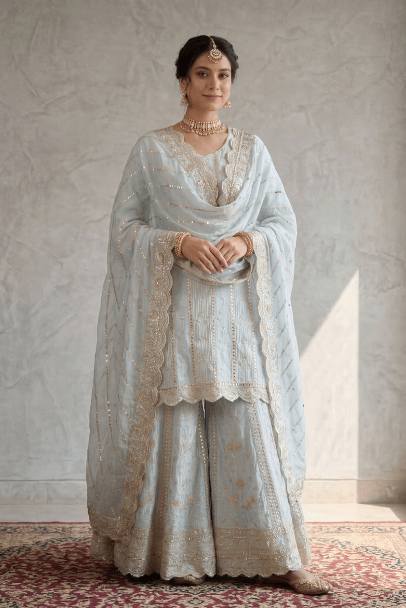 Sky Blue Embroidered Kurta Sharara Set with Dupatta for Women - The House of Indu