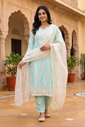 Sky Blue Embroidered Organza Straight Kurta Pant Dupatta Set for Women - The House of Indu