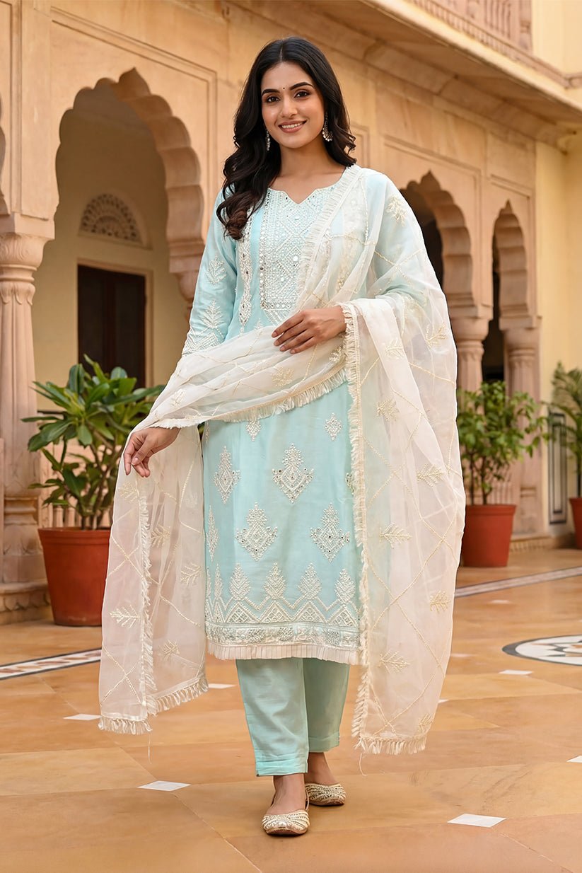 Sky Blue Embroidered Organza Straight Kurta Pant Dupatta Set for Women - The House of Indu