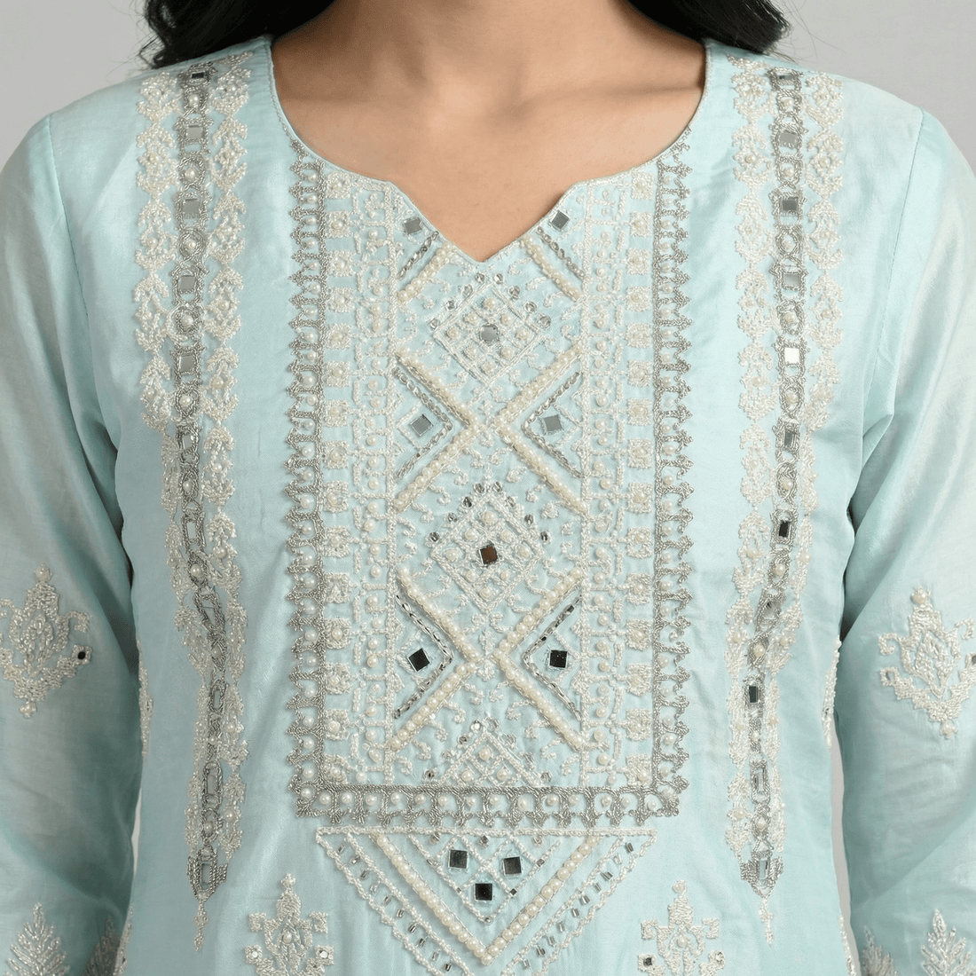 Sky Blue Embroidered Organza Straight Kurta Pant Dupatta Set for Women - The House of Indu