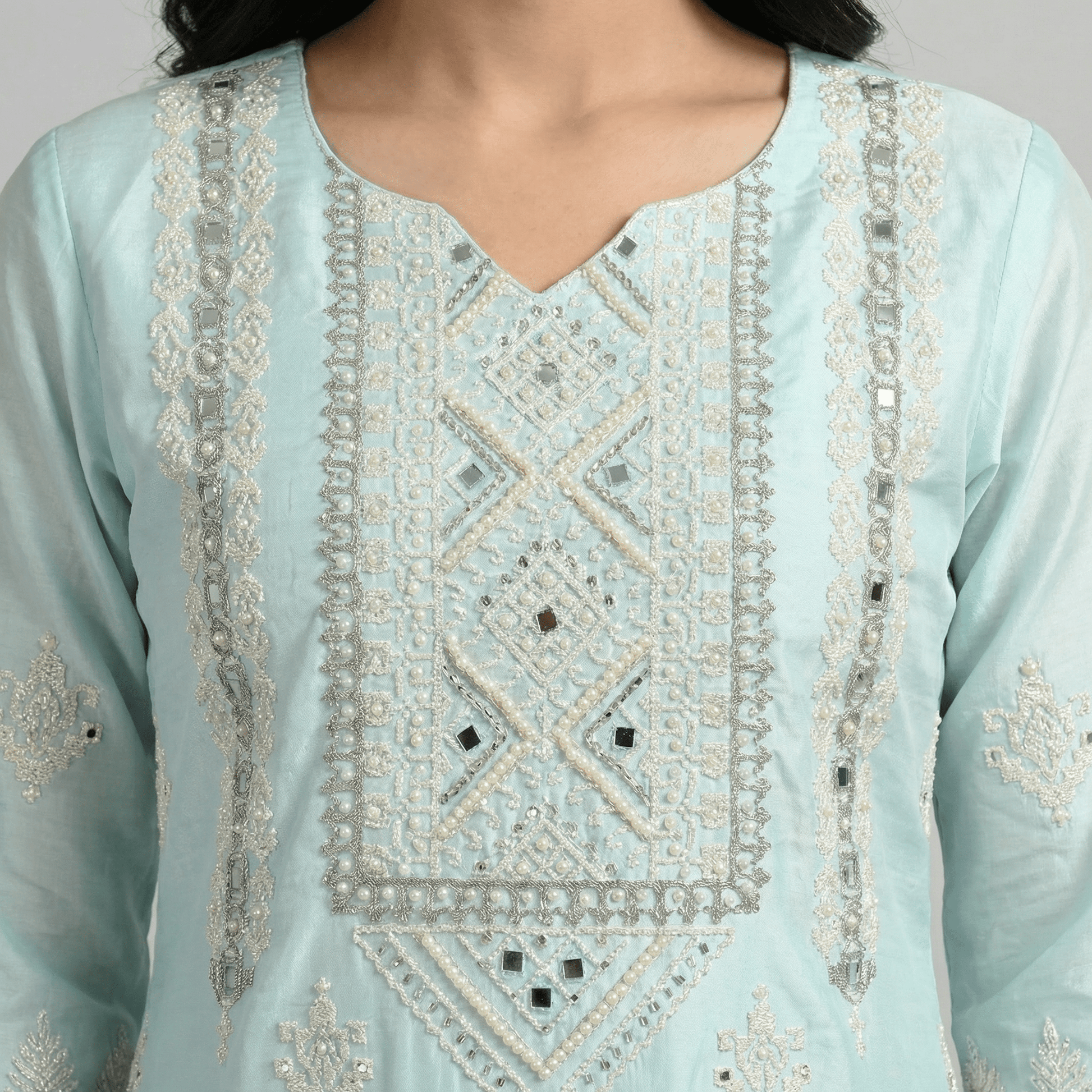Sky Blue Embroidered Organza Straight Kurta Pant Dupatta Set for Women - The House of Indu