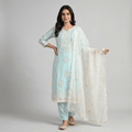 Sky Blue Embroidered Organza Straight Kurta Pant Dupatta Set for Women - The House of Indu