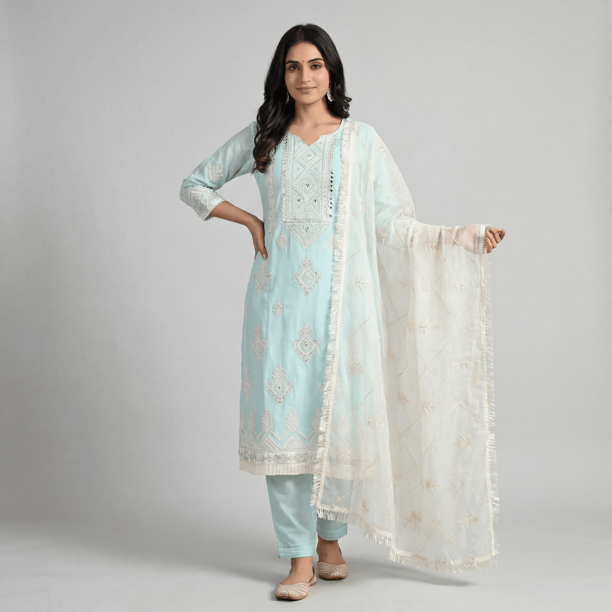 Sky Blue Embroidered Organza Straight Kurta Pant Dupatta Set for Women - The House of Indu