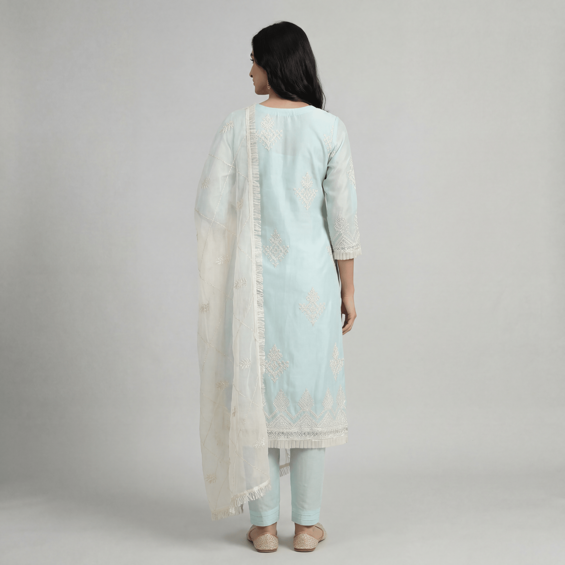 Sky Blue Embroidered Organza Straight Kurta Pant Dupatta Set for Women - The House of Indu