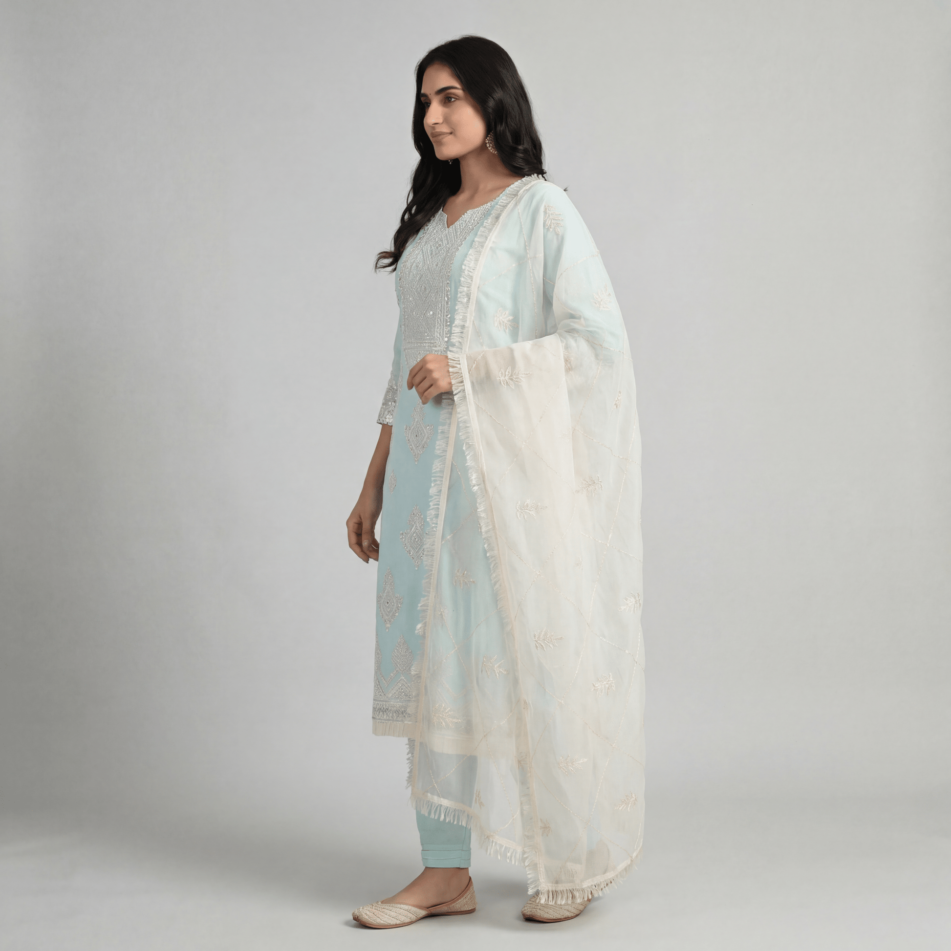 Sky Blue Embroidered Organza Straight Kurta Pant Dupatta Set for Women - The House of Indu