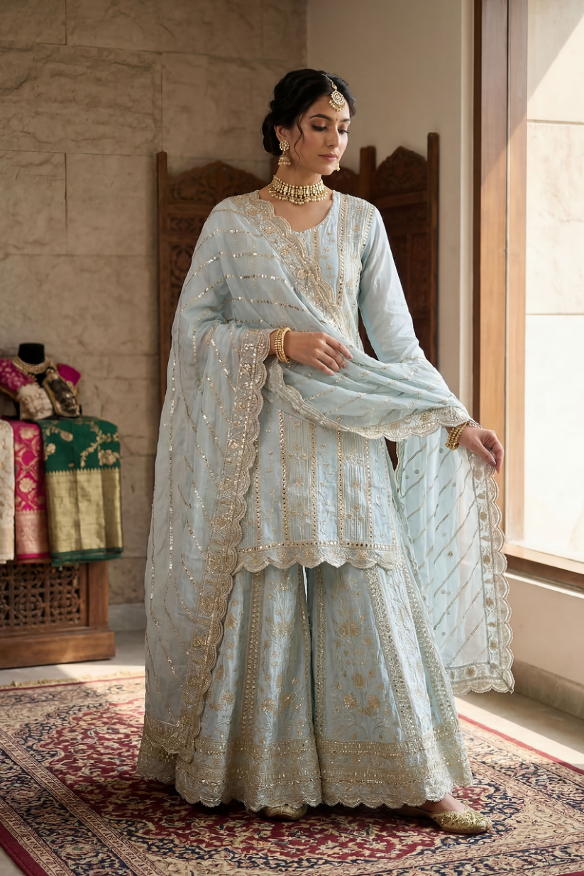 Women sky blue embroidered kurta sharara set with dupatta front view