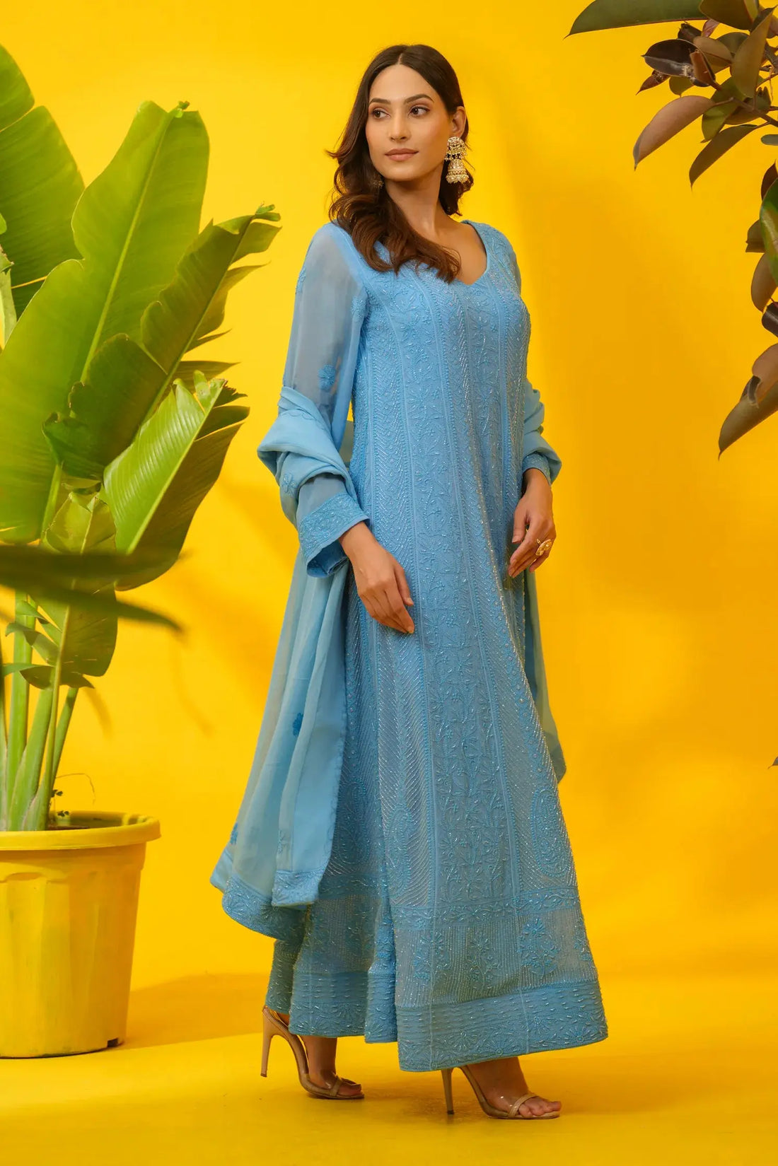 Sky blue georgette chikankari Anarkali with dupatta front view