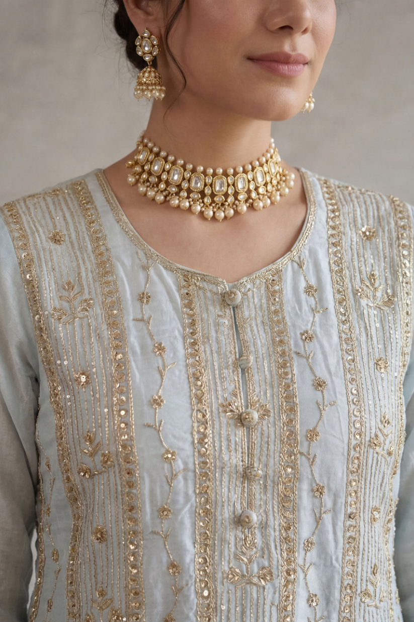 Women sky blue embroidered kurta sharara set with dupatta front view