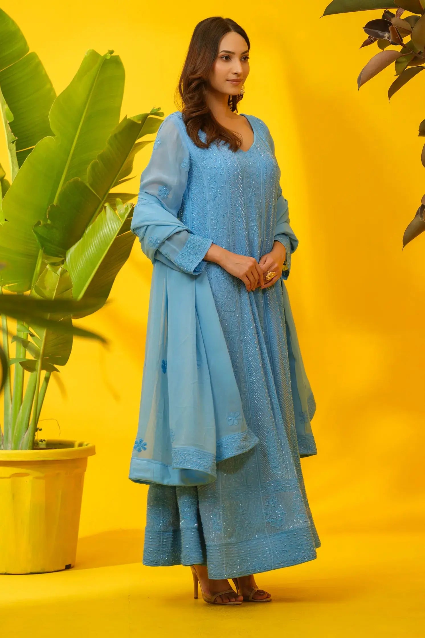 Sky blue party wear Anarkali suit with matching dupatta