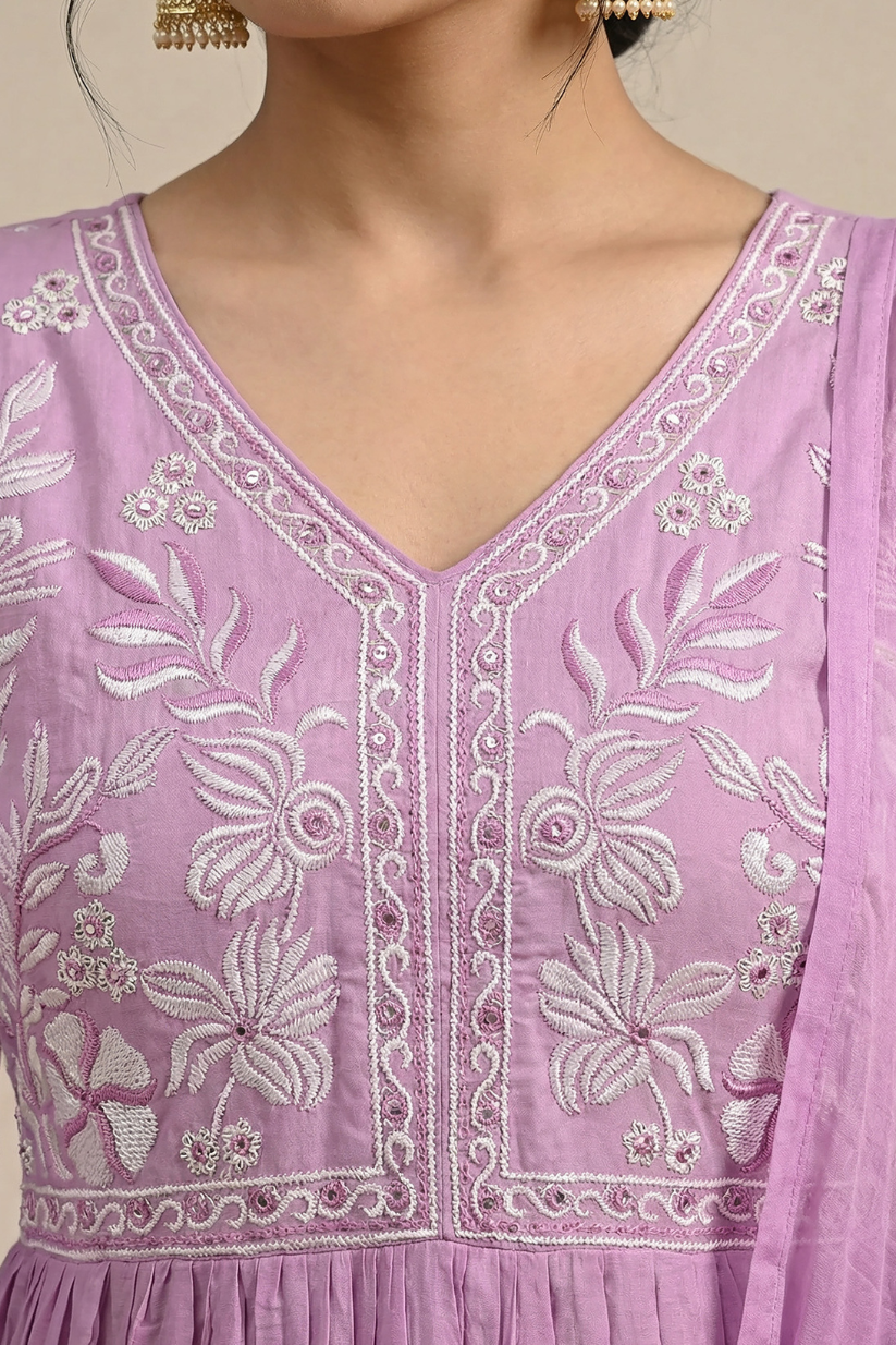 Soft mauve purple embroidered Anarkali kurta set with dupatta and straight pants for women festive ethnic wear front view