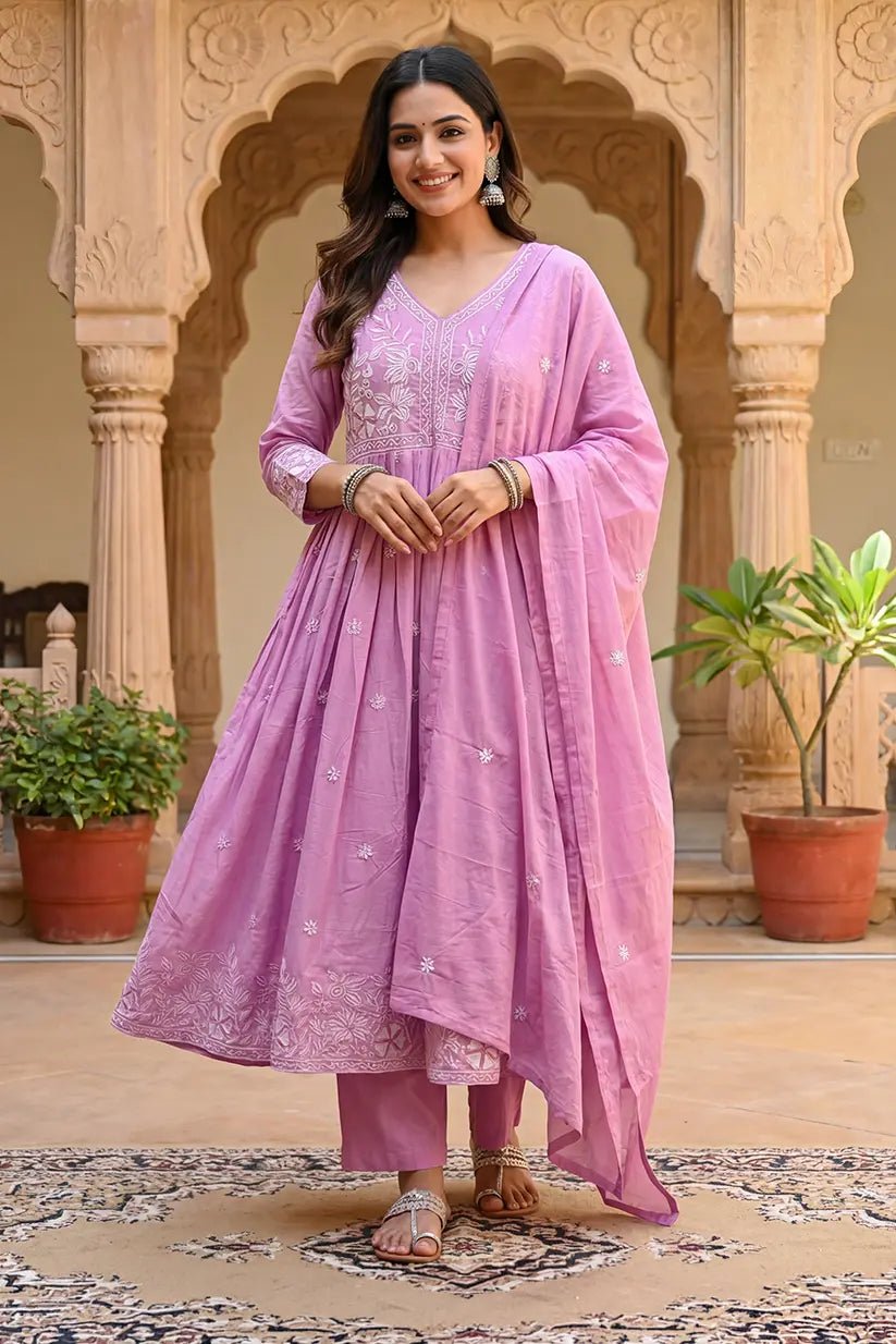 Soft Mauve Purple Embroidered Anarkali Kurta Set - The House of Indu