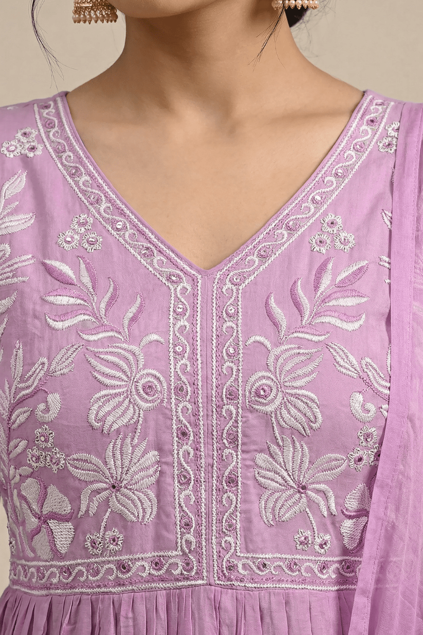 Soft Mauve Purple Embroidered Anarkali Kurta Set with Dupatta - The House of Indu