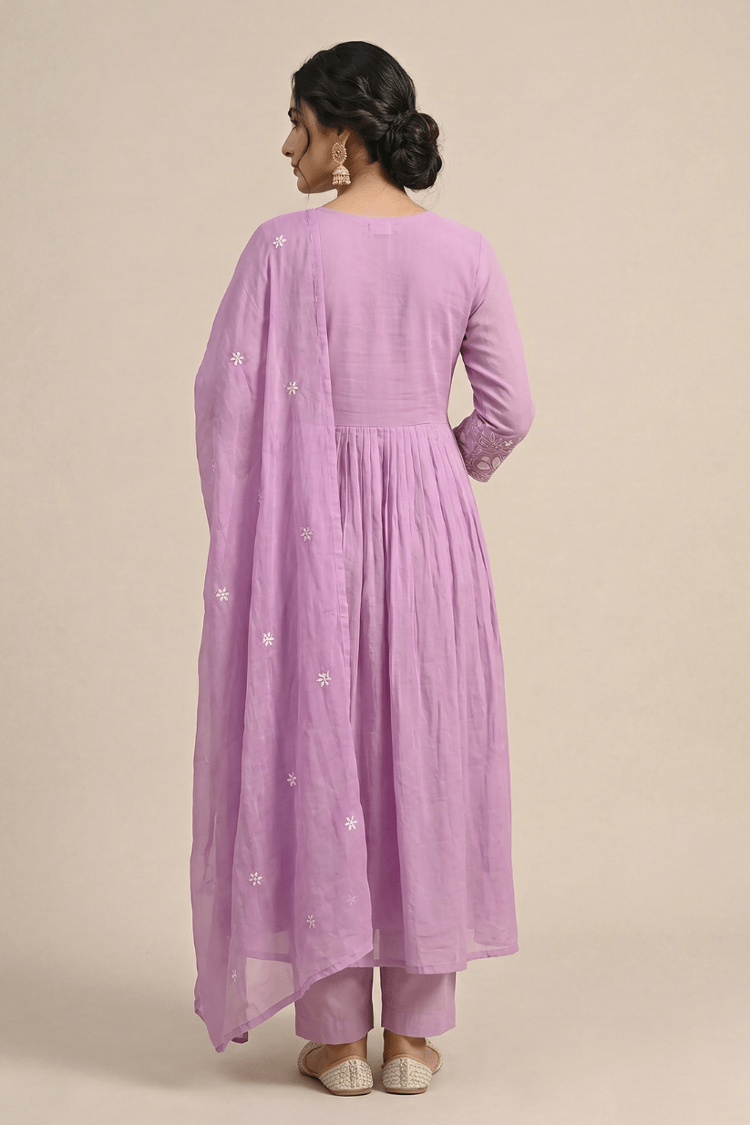 Soft Mauve Purple Embroidered Anarkali Kurta Set with Dupatta - The House of Indu