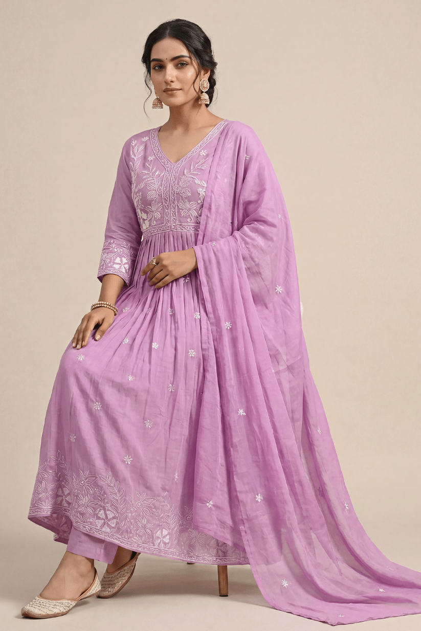 Soft Mauve Purple Embroidered Anarkali Kurta Set with Dupatta - The House of Indu