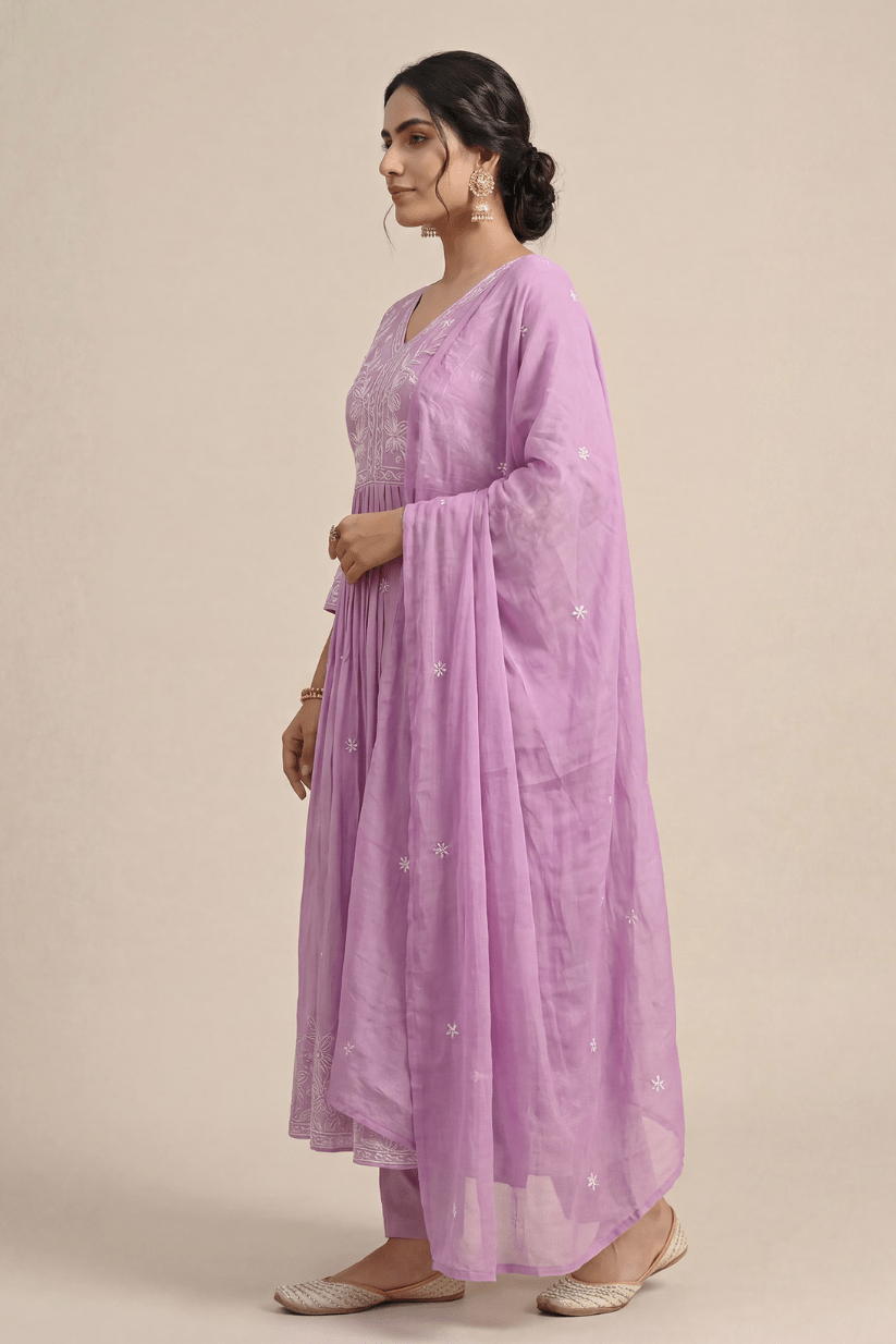 Soft Mauve Purple Embroidered Anarkali Kurta Set with Dupatta - The House of Indu