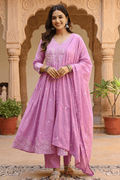 Soft Mauve Purple Embroidered Anarkali Kurta Set with Dupatta - The House of Indu