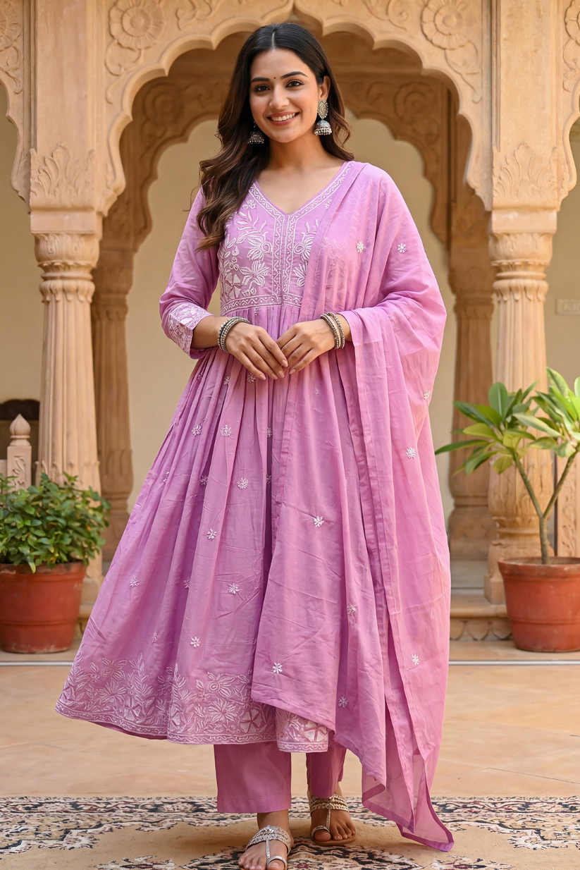 Soft mauve purple embroidered Anarkali kurta set with dupatta and straight pants for women festive ethnic wear front view
