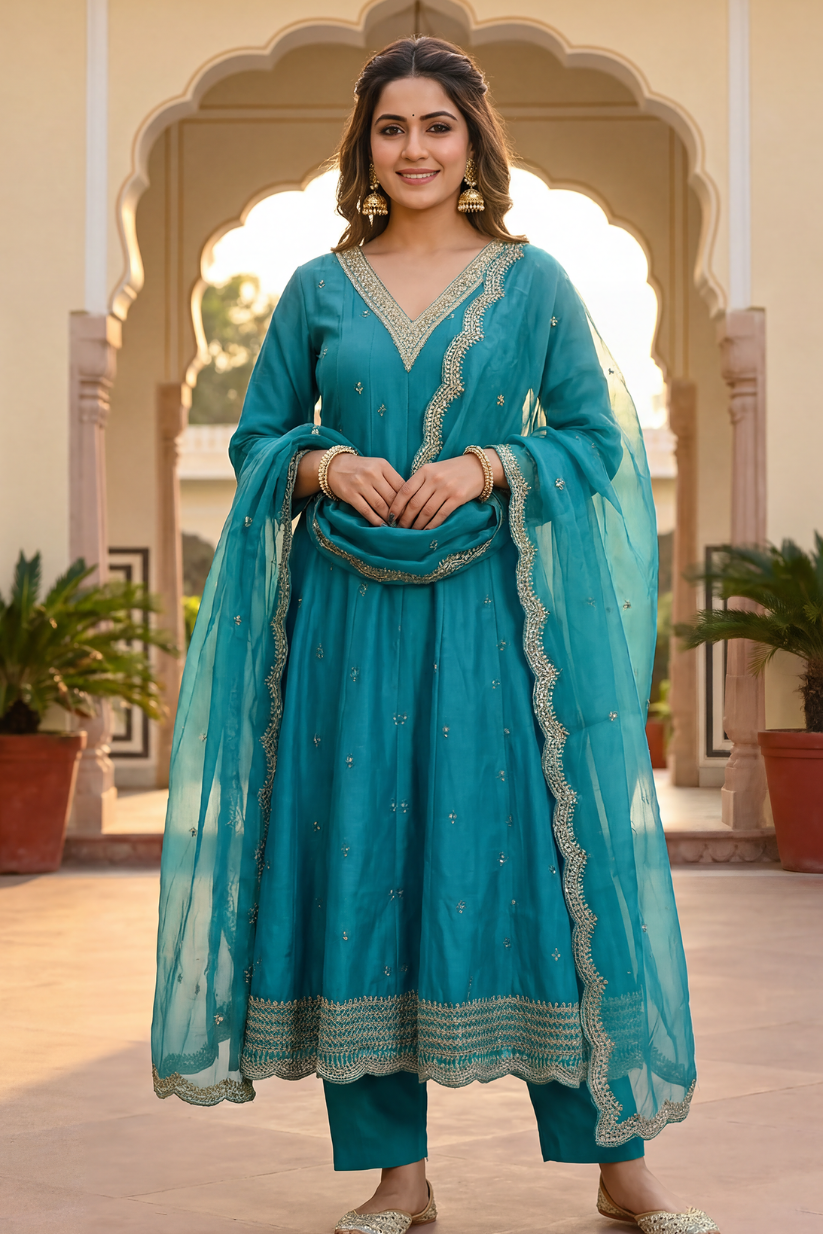 Teal embroidered kurta set with elegant dupatta for women