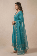 Teal Blue Embroidered Kurta Set with Dupatta for Women - The House of Indu