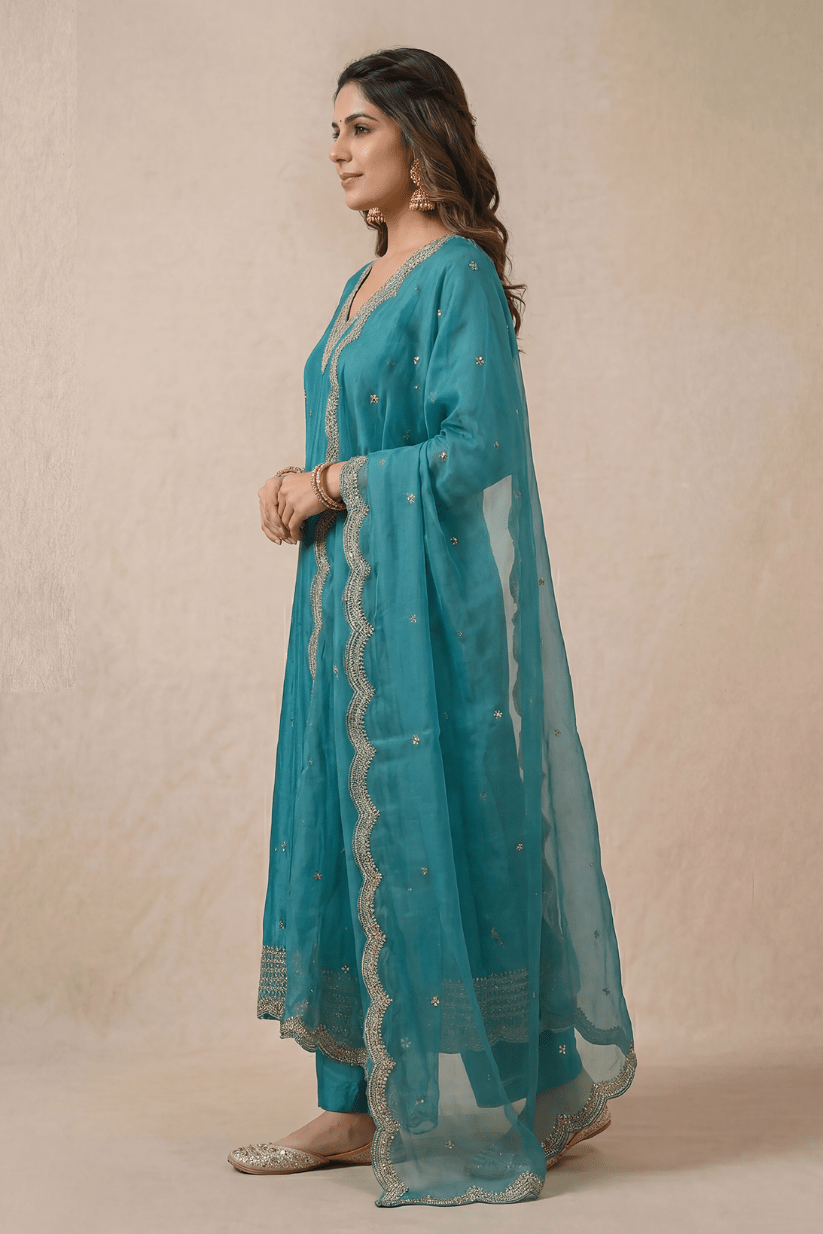 Teal Blue Embroidered Kurta Set with Dupatta for Women - The House of Indu
