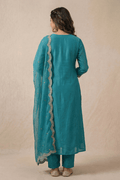 Teal Blue Embroidered Kurta Set with Dupatta for Women - The House of Indu