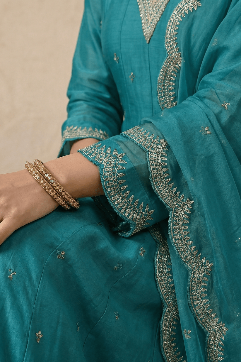 Teal Blue Embroidered Kurta Set with Dupatta for Women - The House of Indu